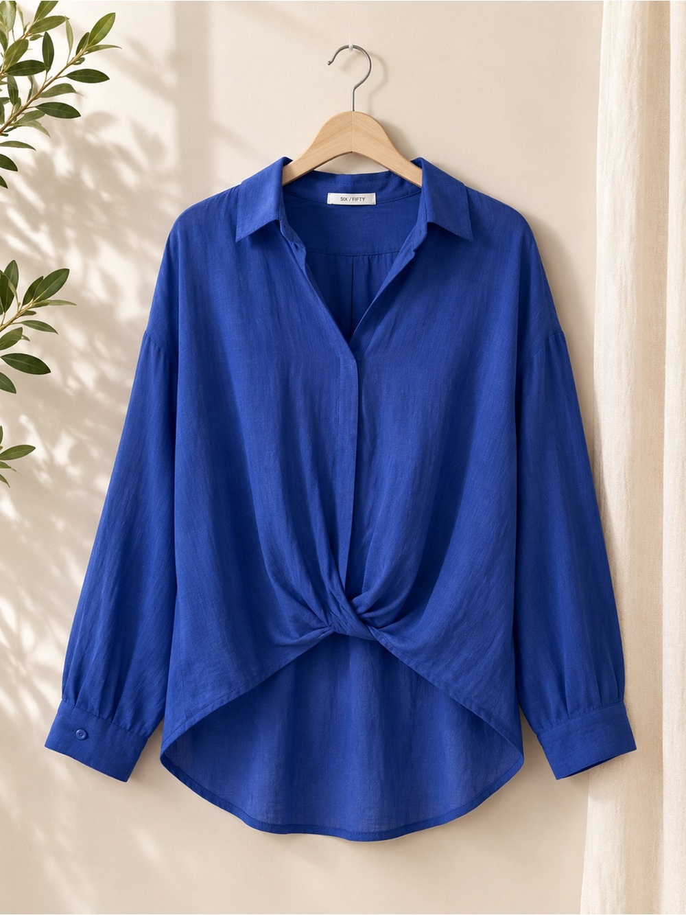 Relaxed Twisted-Front Button Down Blouse - Blue